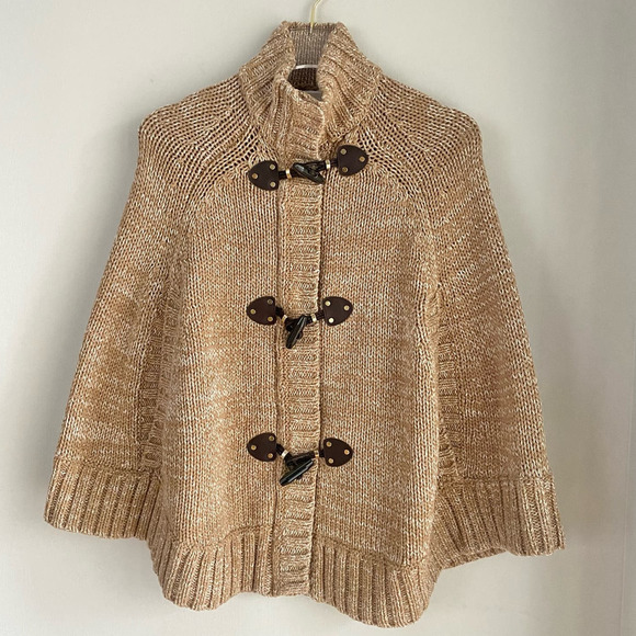 MICHAEL Michael Kors Knitted Cotton Cape Poncho Size XS Toggle Closure Camel Tan - Picture 2 of 8